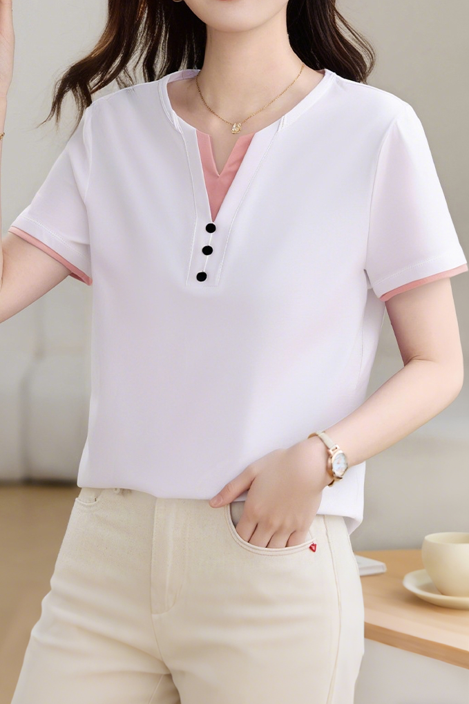 Casual V-Neck Fake Two-Piece T-Shirt - liwisi
