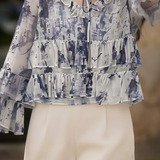 Casual Print Tie-Dye Ruffle Mesh Top