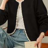Elegant Pearl‑Trimmed Raw Edge Cardigan