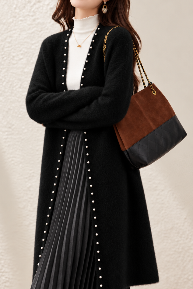 Elegant Graceful V‑Neck Pearl Button Long Sleeve Knit Cardigan - liwisi