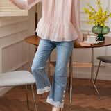 Exquisite Elegant Round Neck Beaded Long Sleeve Shirt