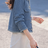 Casual Lapel Raw‑Edge Long‑Sleeve Denim Jacket