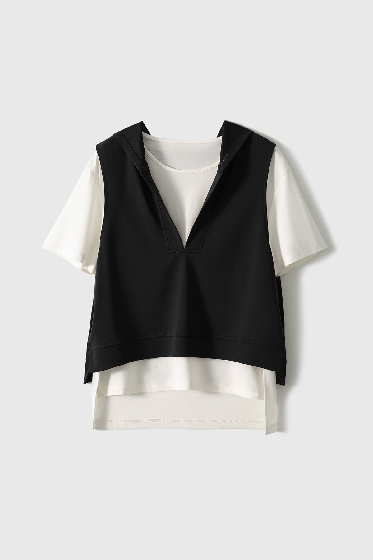 三点セット　フード付Vネックシンプルベスト＋ラウンドネックベーシックTシャツ＋フロントスリットシンプルスカート　3色入 - liwisi
