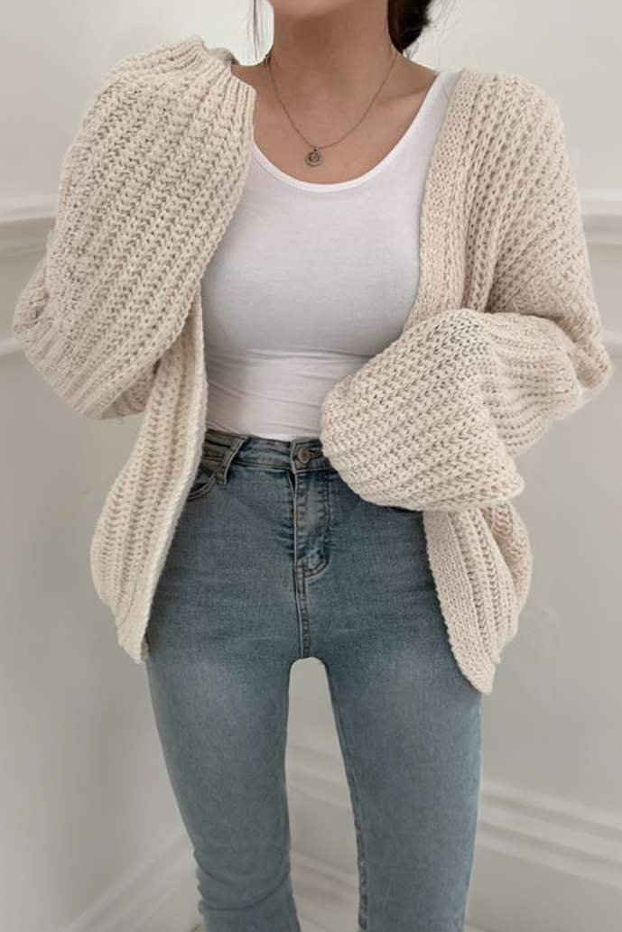 Loose Fit Solid Color Lantern Sleeve Cardigan - liwisi