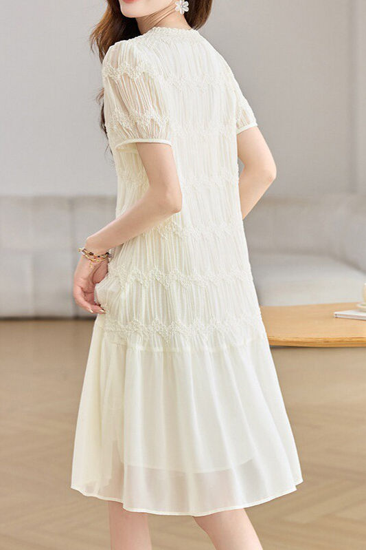 Elegant Textured Short Sleeve High Waist Dress - liwisi
