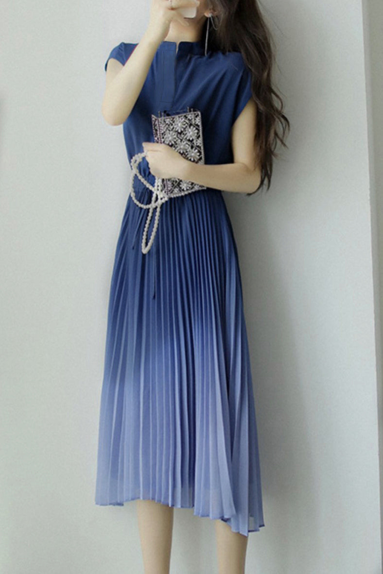 Key Neck Ombre Pleated Dress with Lining - 3 Colors Available - liwisi