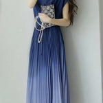 Key Neck Ombre Pleated Dress with Lining - 3 Colors Available - liwisi