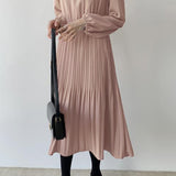 Round Neck Pleated Contrast Long Flare Dress - 4 Colors Available