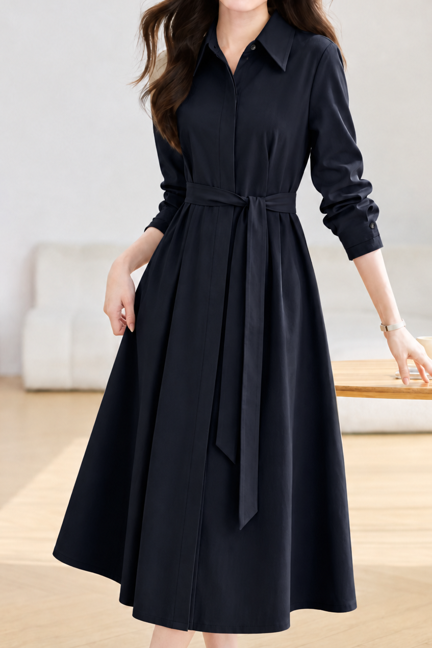 Elegant Lapel Concealed Placket Tie Waist Dress
