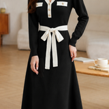 Elegant Date-Style V-Neck Dress With Contrast Waist Tie & A-Line Skirt