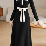Elegant Date-Style V-Neck Dress With Contrast Waist Tie & A-Line Skirt