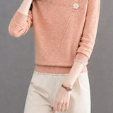 Elegant 3D Floral Asymmetric Topstitch Knit Sweater