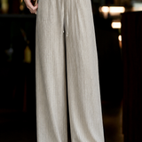 Casual Elegant Two-Piece Set: V-Neck Beaded Hollow Knit Top & Striped Drawstring Wide-Leg Pants