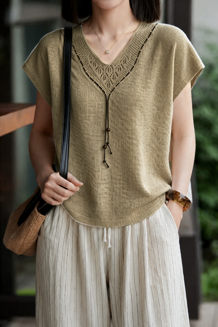 Casual Elegant Two-Piece Set: V-Neck Beaded Hollow Knit Top & Striped Drawstring Wide-Leg Pants