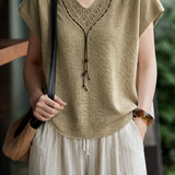 Casual Elegant Two-Piece Set: V-Neck Beaded Hollow Knit Top & Striped Drawstring Wide-Leg Pants