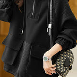 Plain Contrast Textured Woven Hooded Sweatshirt - 2 Colors Available