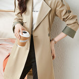 Color Block Waist Elastic Trench Coat with Lining