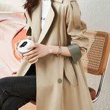 Color Block Waist Elastic Trench Coat with Lining