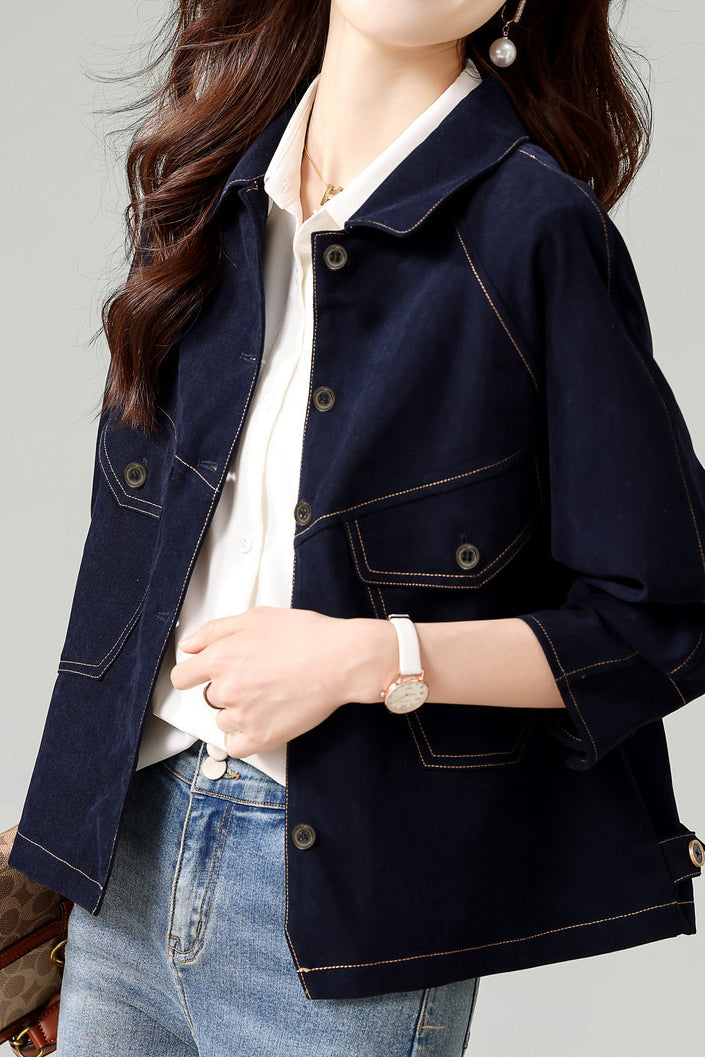 Fashionable Folded Collar Denim Jacket - liwisi