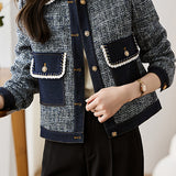 Elegant Denim Patchwork Chanel-inspired Boucle Coat