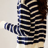 Fashionable Round Neck Striped Knit Cardigan