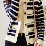 Fashionable Round Neck Striped Knit Cardigan