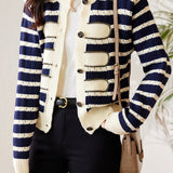 Fashionable Round Neck Striped Knit Cardigan