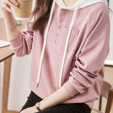 Casual Minimalist Color Block Button Detail Hoodie in 4 Colors