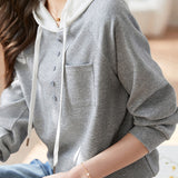Casual Minimalist Color Block Button Detail Hoodie in 4 Colors