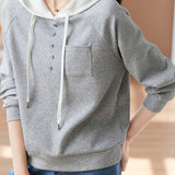 Casual Minimalist Color Block Button Detail Hoodie in 4 Colors