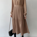 Round Neck Pleated Contrast Long Flare Dress - 4 Colors Available