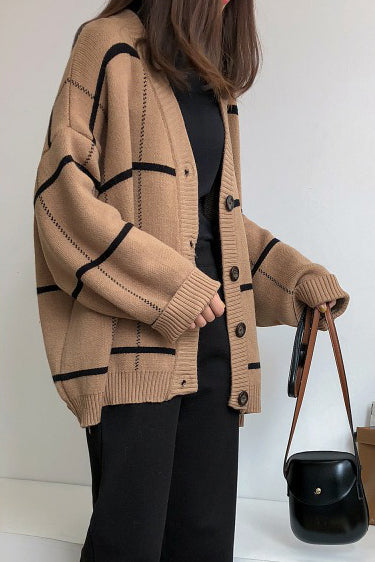 Vintage Plaid Oversized Knit Cardigan - liwisi