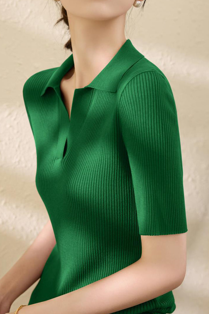 Slim-fit Knitted V-neck Short Sleeve Shirt - liwisi