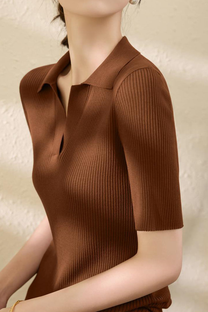 Slim-fit Knitted V-neck Short Sleeve Shirt - liwisi