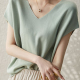 Solid Colored V-neck Knitted T-shirt