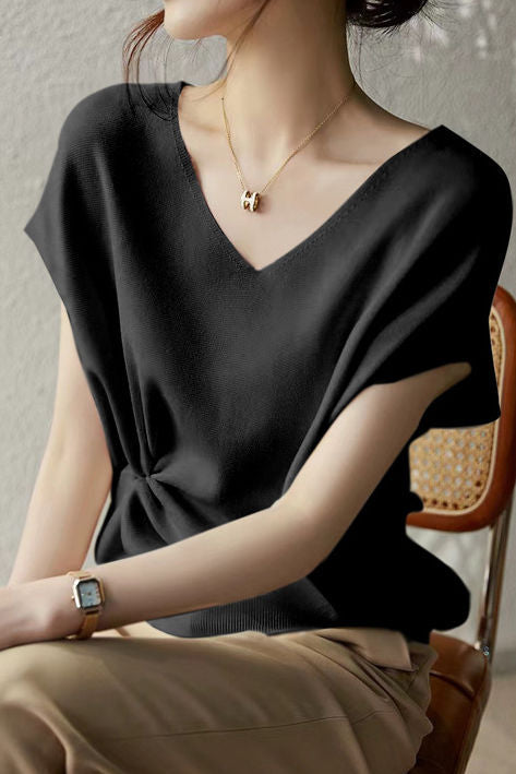 Solid Colored V-neck Knitted T-shirt - liwisi