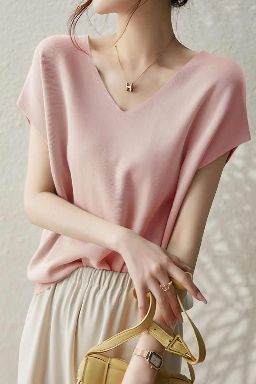 Solid Colored V-neck Knitted T-shirt - liwisi