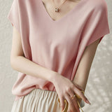 Solid Colored V-neck Knitted T-shirt