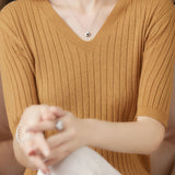 Solid Color V-neck Knitted T-shirt