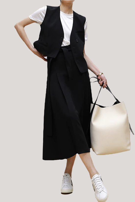 Commuting Simple Waistcoat and Midi Skirt Set - liwisi