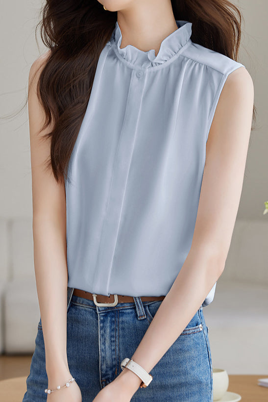Solid Colored Ruffled Sleeveless Shirt - liwisi