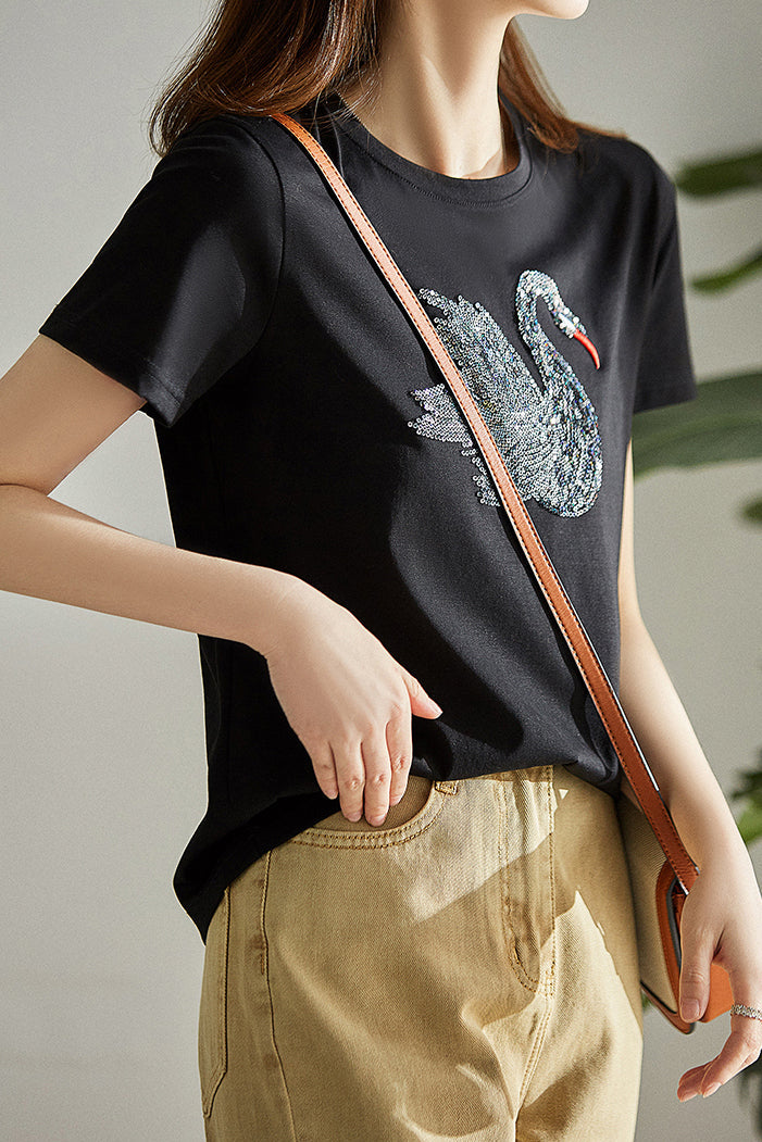 Elegant Swan Sequin T-Shirt - liwisi