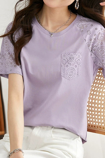 Round Neck Loose Fit Color Block Lace Raglan Short Sleeve - liwisi