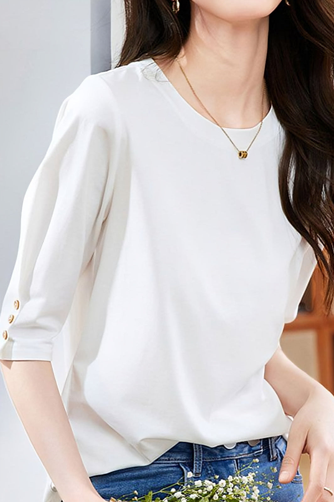 Minimalist Round Neck Three-Quarter Sleeve T-Shirt - liwisi