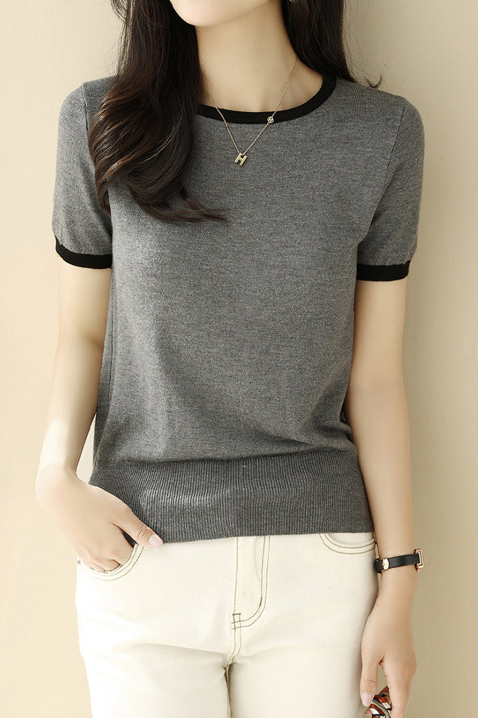Minimalist Chic Color-Blocked Round Neck Short Sleeve - liwisi