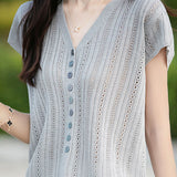 Hollow V-neck ribbed knit short sleeve