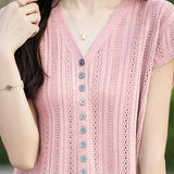 Hollow V-neck ribbed knit short sleeve