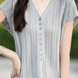 Hollow V-neck ribbed knit short sleeve
