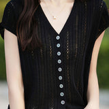 Hollow V-neck ribbed knit short sleeve