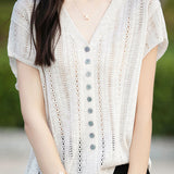 Hollow V-neck ribbed knit short sleeve